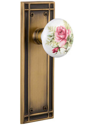 Mission Door Set with Rose Porcelain Knobs in Antique Brass.